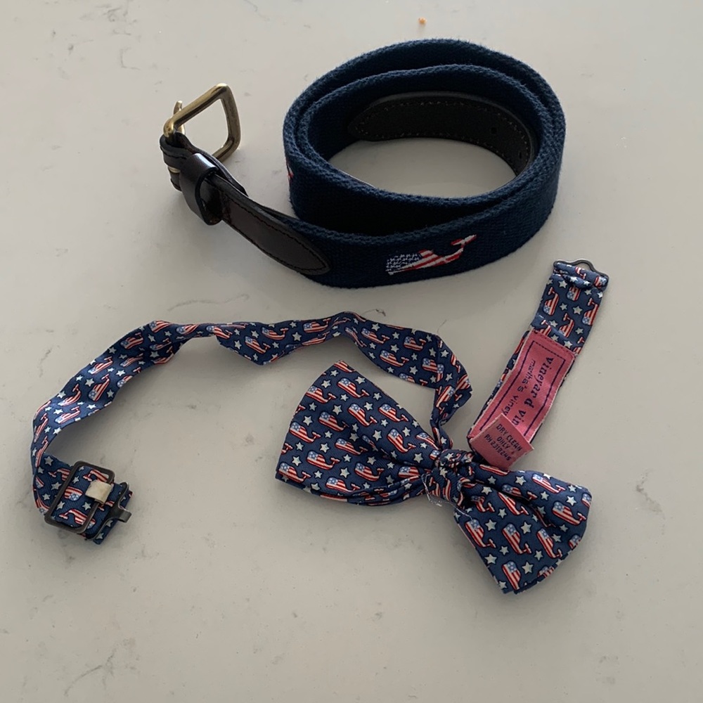 Vineyard Vines Patriotic Red, White & Blue Belt Size 30 & Bow Tie, EUC